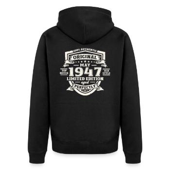 Original Mai 1947 Jahrgang 1947 Geburtstag 1947 - Unisex Premium Bio Zip Hoodie - Schwarz - Hinten - Nico (187cm)