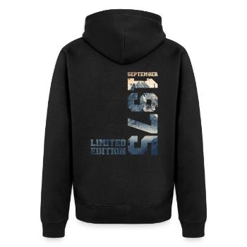 September 1975, 50. Geburtstag Original 1975 - Unisex Premium Bio Zip Hoodie - Schwarz - Hinten - Nico (187cm)