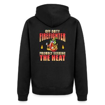 Off Duty Firefighter Chili Proudly Seeking Heat - Unisex Premium Organic Zip Hoodie - black - Back - Nico (187cm)