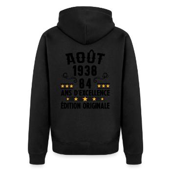 84 Ans Anniversaire Vintage Né(e) en Août 1938 - Veste à capuche bio Premium Unisexe - noir - Dos - Nico (187cm)