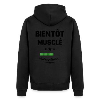Homme bientôt musclé veuillez patienter - Veste à capuche bio Premium Unisexe - noir - Dos - Nico (187cm)