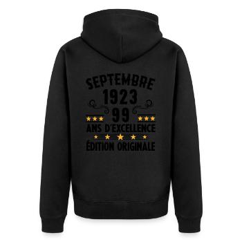 99 Ans Anniversaire Vintage Né(e) Septembre 1923 - Veste à capuche bio Premium Unisexe - noir - Dos - Nico (187cm)