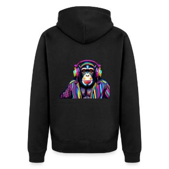 Schimpanse mit Kopfhörer in bunt - Unisex Premium Bio Zip Hoodie - Schwarz - Hinten - Nico (187cm)