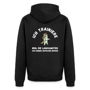 Zombie Training Einhorn lustig Schrift Fitness - Unisex Premium Bio Zip Hoodie - Schwarz - Hinten - Nico (187cm)