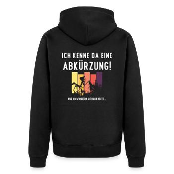 Wandern Ich kenne da eine Abkürzung Schrift lustig - Unisex Premium Bio Zip Hoodie - Schwarz - Hinten - Nico (187cm)
