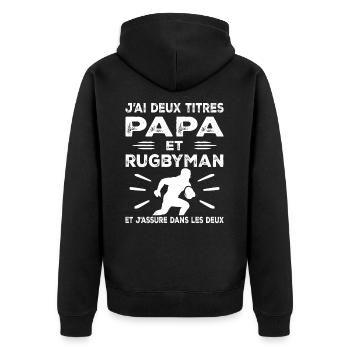 I have two titles: Dad and Rugby Man, Passionate Rugby - Unisex Premium Organic Zip Hoodie - black - Back - Nico (187cm)