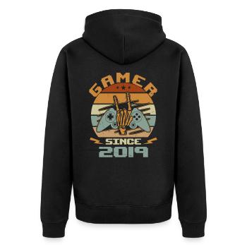 Gamer seit 2019 - Gaming-Jubiläumsgeschenk 2019 - Unisex Premium Bio Zip Hoodie - Schwarz - Hinten - Nico (187cm)