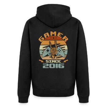 Gamer seit 2016 - Gaming Jubiläumsgeschenk 2016 - Unisex Premium Bio Zip Hoodie - Schwarz - Hinten - Nico (187cm)