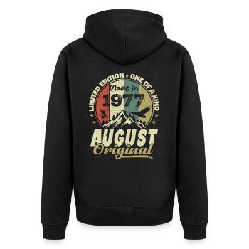 August 1977 Jahrgang 1977 August Geburtstagsgeschenk - Unisex Premium Bio Zip Hoodie - Schwarz - Hinten - Nico (187cm)
