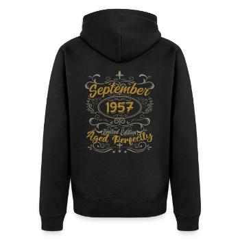 Legenden September 1957 | Schenkung September 1957 - Unisex Premium Bio Zip Hoodie - Schwarz - Hinten - Nico (187cm)