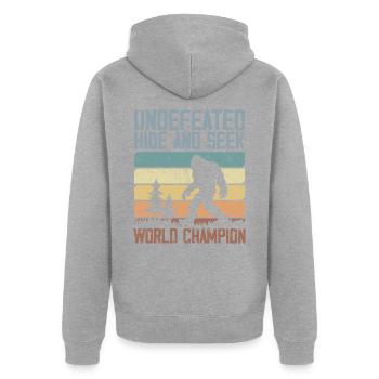 Ungeschlagener Versteck-Weltmeister | Bigfoot - Unisex Premium Bio Zip Hoodie - Grau meliert - Hinten - Nico (187cm)