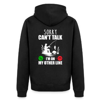 Tut mir leid, ich kann nicht sprechen, ich bin in meiner anderen Leitung - Unisex Premium Bio Zip Hoodie - Schwarz - Hinten - Nico (187cm)