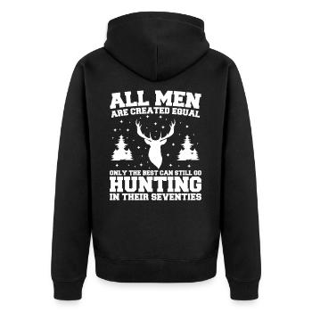 Die Besten können auch in ihren Siebzigern noch auf die Jagd gehen - Unisex Premium Bio Zip Hoodie - Schwarz - Hinten - Nico (187cm)