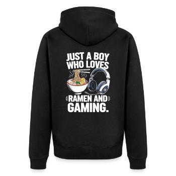Gaming & Ramen – Perfektes Zocker-Motiv - Unisex Premium Bio Zip Hoodie - Schwarz - Hinten - Nico (187cm)