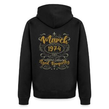 Mars 1974 cadeau fête d'anniversaire | March 1974 - Veste à capuche bio Premium Unisexe - noir - Dos - Nico (187cm)