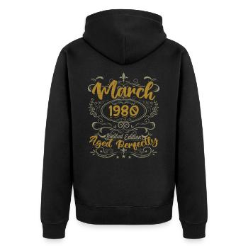 Mars 1980 cadeau fête d'anniversaire | March 1980 - Veste à capuche bio Premium Unisexe - noir - Dos - Nico (187cm)