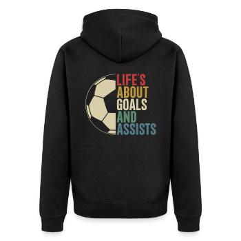 Life's About Goals And Assists Retro Fußball - Unisex Premium Bio Zip Hoodie - Schwarz - Hinten - Nico (187cm)