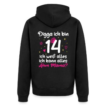 14. Geburtstag Mädchen Digga ich bin 14 - Unisex Premium Bio Zip Hoodie - Schwarz - Hinten - Nico (187cm)