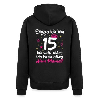 15. Geburtstag Mädchen Digga ich bin 15 - Unisex Premium Bio Zip Hoodie - Schwarz - Hinten - Nico (187cm)