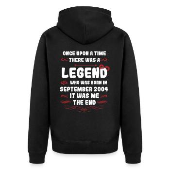 Es war einmal eine Legende. September 2004 Geburts - Unisex Premium Bio Zip Hoodie - Schwarz - Hinten - Nico (187cm)