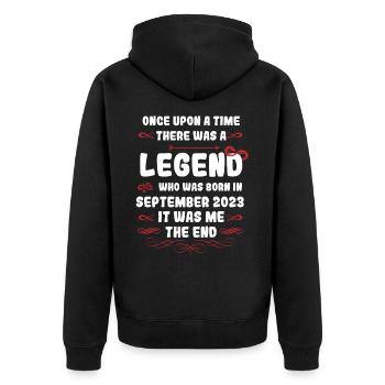Es war einmal eine Legende. September 2023 Geburts - Unisex Premium Bio Zip Hoodie - Schwarz - Hinten - Nico (187cm)