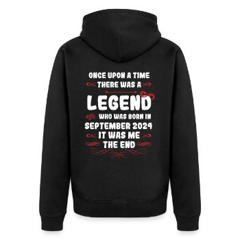 Es war einmal eine Legende. September 2024 Geburts - Unisex Premium Bio Zip Hoodie - Schwarz - Hinten - Nico (187cm)