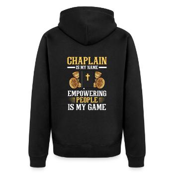 Chaplain Parish Priest - Unisex Premium Organic Zip Hoodie - black - Back - Nico (187cm)