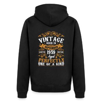 1959 September 1959 Geschenk zum 65-jährigen Jubiläum 1959 - Unisex Premium Bio Zip Hoodie - Schwarz - Hinten - Nico (187cm)