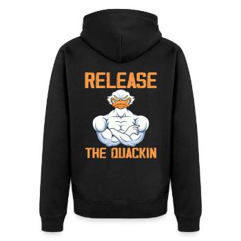 Release The Quackin Gym Gewichtheben Bodybuilder - Unisex Premium Bio Zip Hoodie - Schwarz - Hinten - Nico (187cm)
