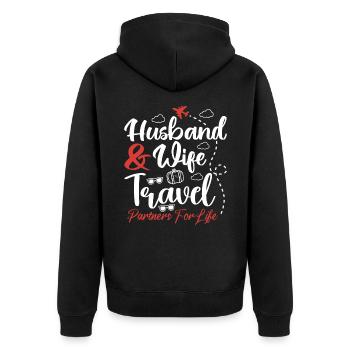 Paar, das Ehemann und Ehefrau zusammenbringt Reisepartner - Unisex Premium Bio Zip Hoodie - Schwarz - Hinten - Nico (187cm)