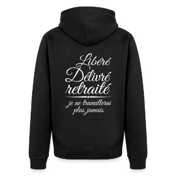 Freigegeben Ausgestellt Im Ruhestand, Ruhestandsgeschenk, Im Ruhestand - Unisex Premium Bio Zip Hoodie - Schwarz - Hinten - Nico (187cm)