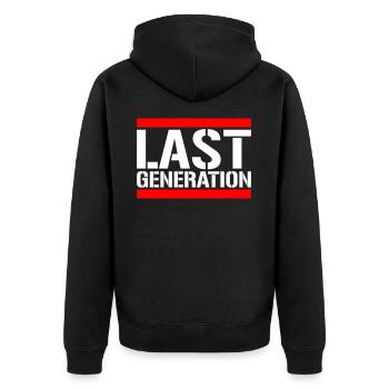 Letzte Generation | Farben änderbar - Unisex Premium Bio Zip Hoodie - Schwarz - Hinten - Nico (187cm)