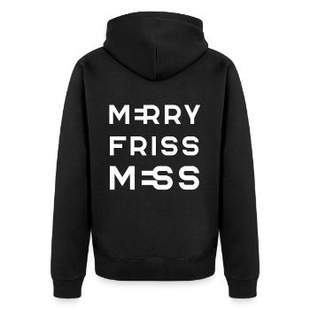 MERRY FRISS MES – Fröhliches Durcheinander - Unisex Premium Bio Zip Hoodie - Schwarz - Hinten - Nico (187cm)