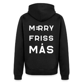 MERRY FRISS MÁS – Fröhliches "friss mehr" - Unisex Premium Bio Zip Hoodie - Schwarz - Hinten - Nico (187cm)
