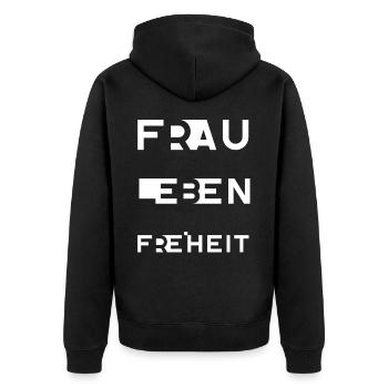 FRAU LEBEN FREIHEIT - Unisex Premium Bio Zip Hoodie - Schwarz - Hinten - Nico (187cm)