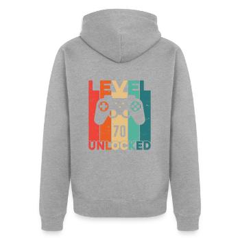 Level 70 freigeschaltet - Unisex Premium Bio Zip Hoodie - Grau meliert - Hinten - Nico (187cm)