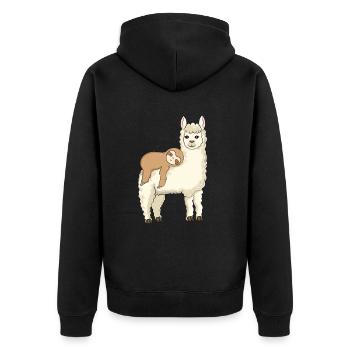 Lustiges Faultier reitet Lama - Unisex Premium Bio Zip Hoodie - Schwarz - Hinten - Nico (187cm)