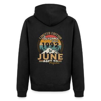 June 1992 Vintage Born in June 1992 Anniversary - Unisex Premium Organic Zip Hoodie - black - Back - Nico (187cm)