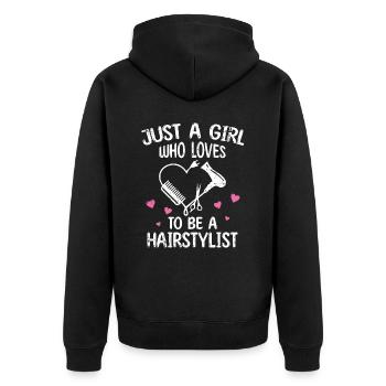 Frau nur ein Mädchen, das gerne Friseurin ist - Unisex Premium Bio Zip Hoodie - Schwarz - Hinten - Nico (187cm)