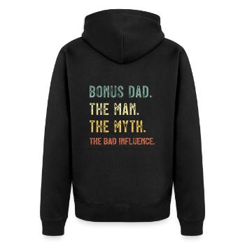 Bonus: Papa, Der Mann, Der Mythos, Schlechter Einfluss - Unisex Premium Bio Zip Hoodie - Schwarz - Hinten - Nico (187cm)