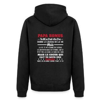 Papa Bonus Cadeau Humour Fête des pères - Veste à capuche bio Premium Unisexe - noir - Dos - Nico (187cm)
