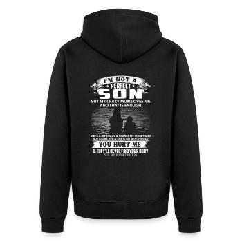 Ich bin kein perfekter Sohn, aber meine Mutter liebt mich - Unisex Premium Bio Zip Hoodie - Schwarz - Hinten - Nico (187cm)