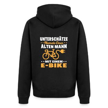 Einen alten Mann mit einem E-Bike - Unisex Premium Bio Zip Hoodie - Schwarz - Hinten - Nico (187cm)