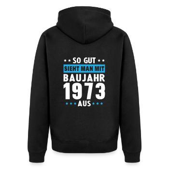 Geschenk Geburtstag 1973 Frau Mann Geschenkidee - Unisex Premium Bio Zip Hoodie - Schwarz - Hinten - Nico (187cm)