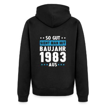 Geschenk Geburtstag 1983 Frau Mann Geschenkidee - Unisex Premium Bio Zip Hoodie - Schwarz - Hinten - Nico (187cm)