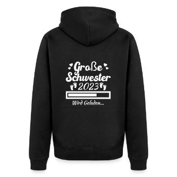 Kinder Ich werde Große Schwester 2023 - Unisex Premium Bio Zip Hoodie - Schwarz - Hinten - Nico (187cm)