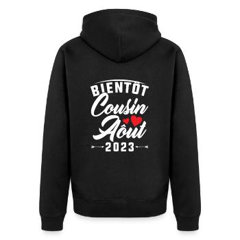 Bald Cousine August 2023 Schwangerschaftsankündigung - Unisex Premium Bio Zip Hoodie - Schwarz - Hinten - Nico (187cm)