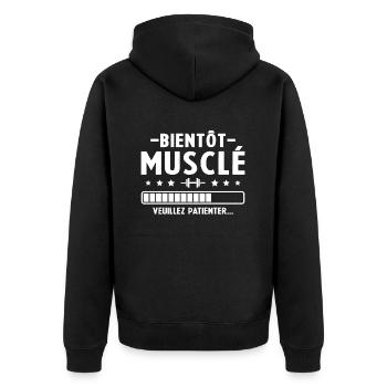 Bientot musclé veuillez patienter humour homme - Veste à capuche bio Premium Unisexe - noir - Dos - Nico (187cm)