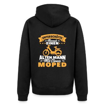 Alten mann mit einem Moped - Unisex Premium Bio Zip Hoodie - Schwarz - Hinten - Nico (187cm)
