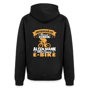 Alten mann mit einem e-bike - Unisex Premium Bio Zip Hoodie - Schwarz - Hinten - Nico (187cm)